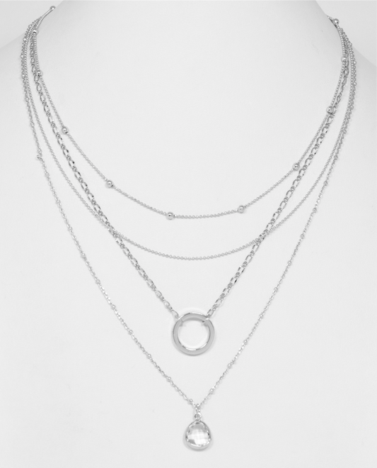 Silver Layered Chain with Open Circle and Stone 16"-18" Necklace