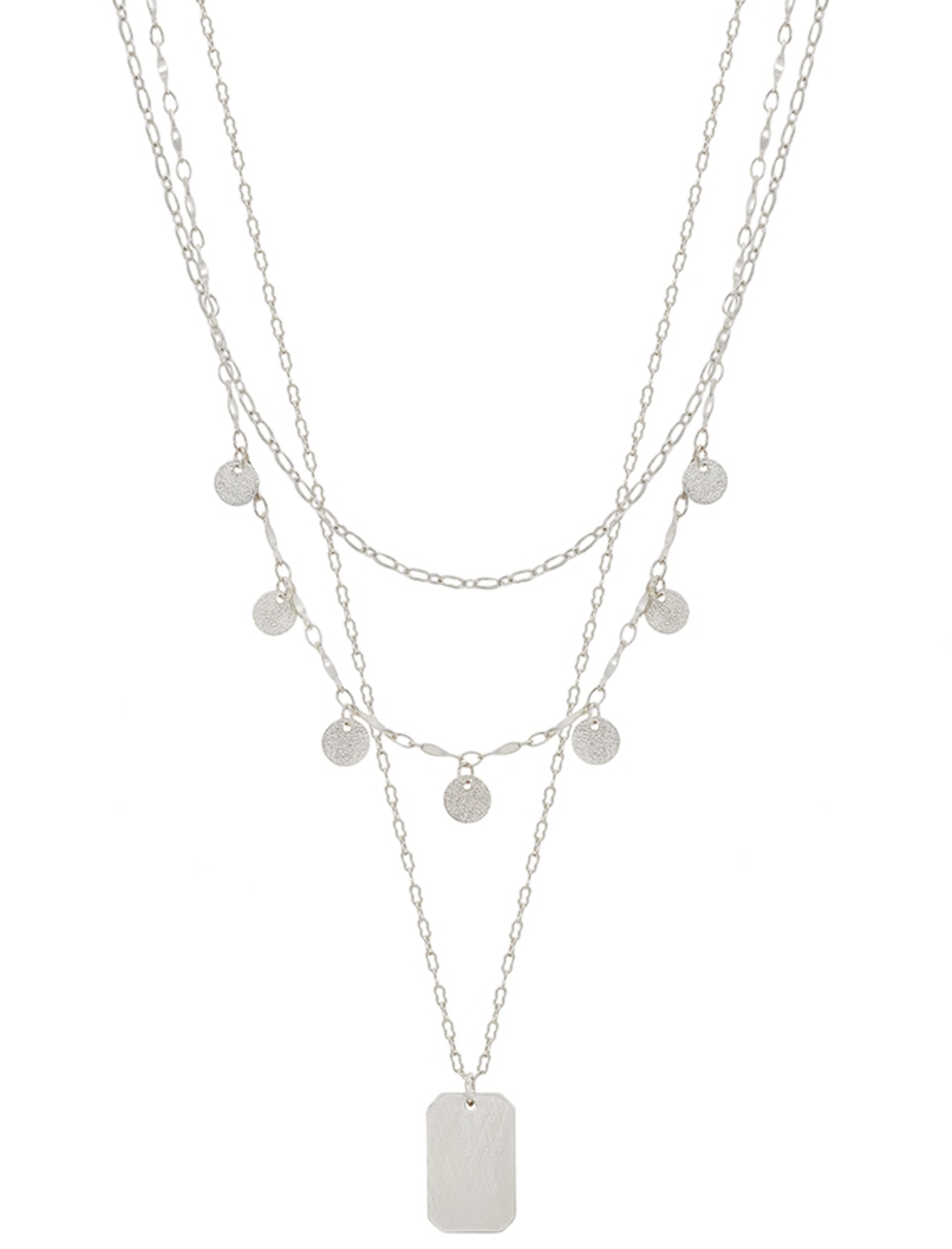 Matte Silver Triple Layered Disc and Pendant 16"-18" Necklace