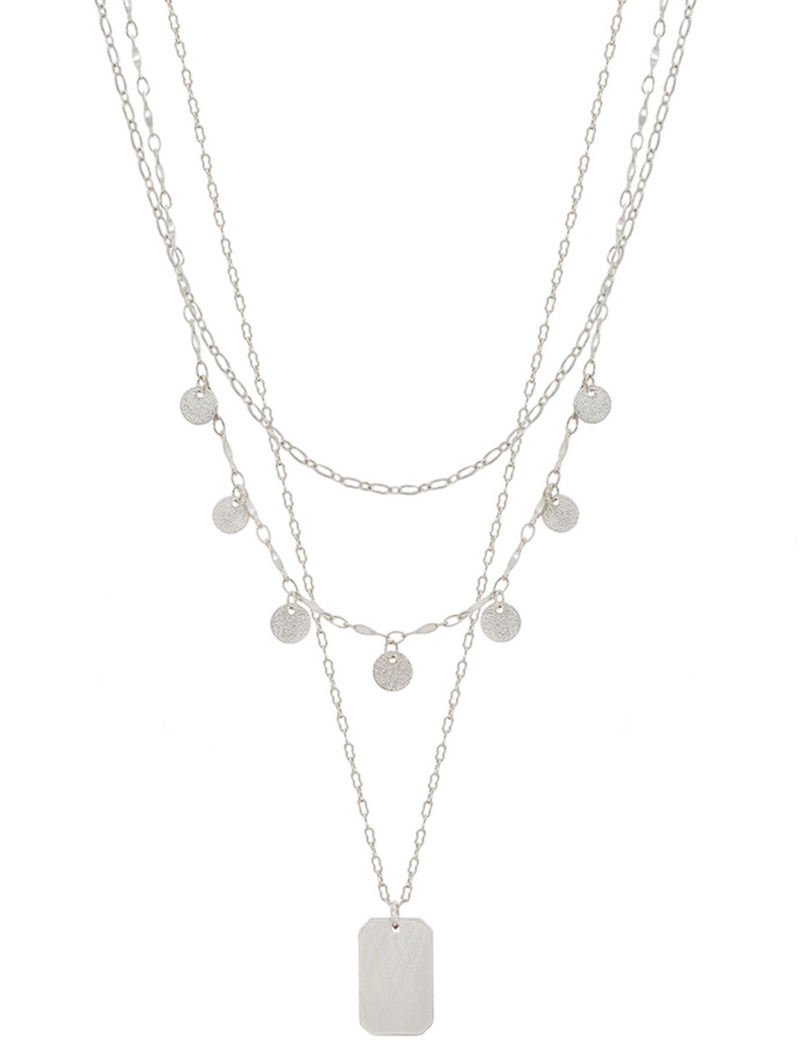 Matte Silver Triple Layered Disc and Pendant 16"-18" Necklace