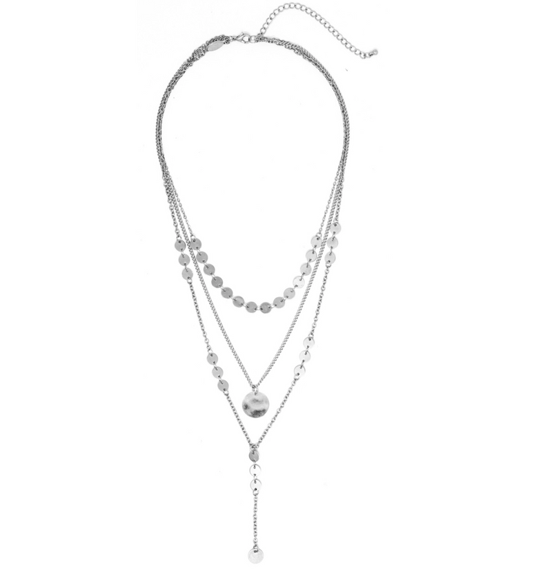 Multi Way Worn Silver Triple Layered Disk with Y Drop Necklace