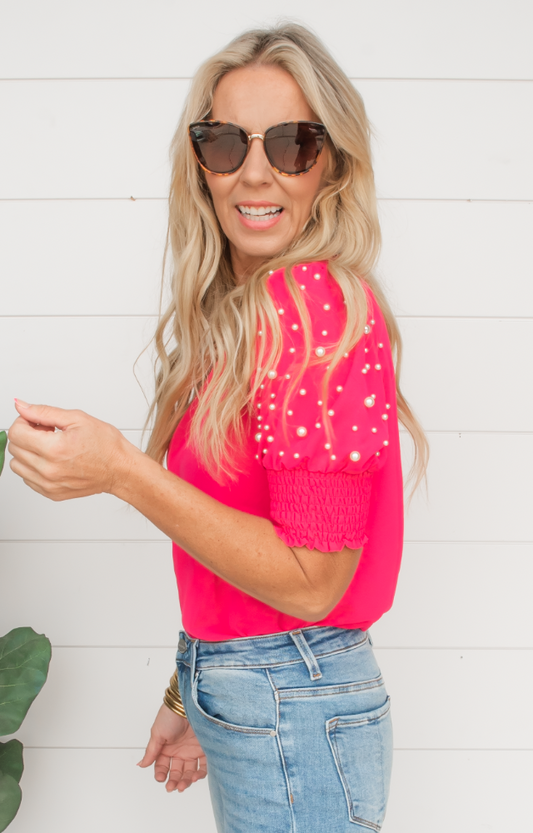 Pearl Beaded Fuschia Puff Sleeve Top | FINAL SALE