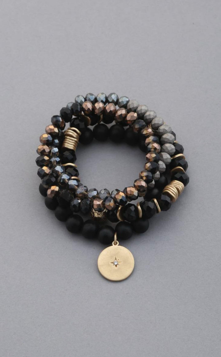 CRYSTAL WOOD BEAD STRETCH BRACELET SET