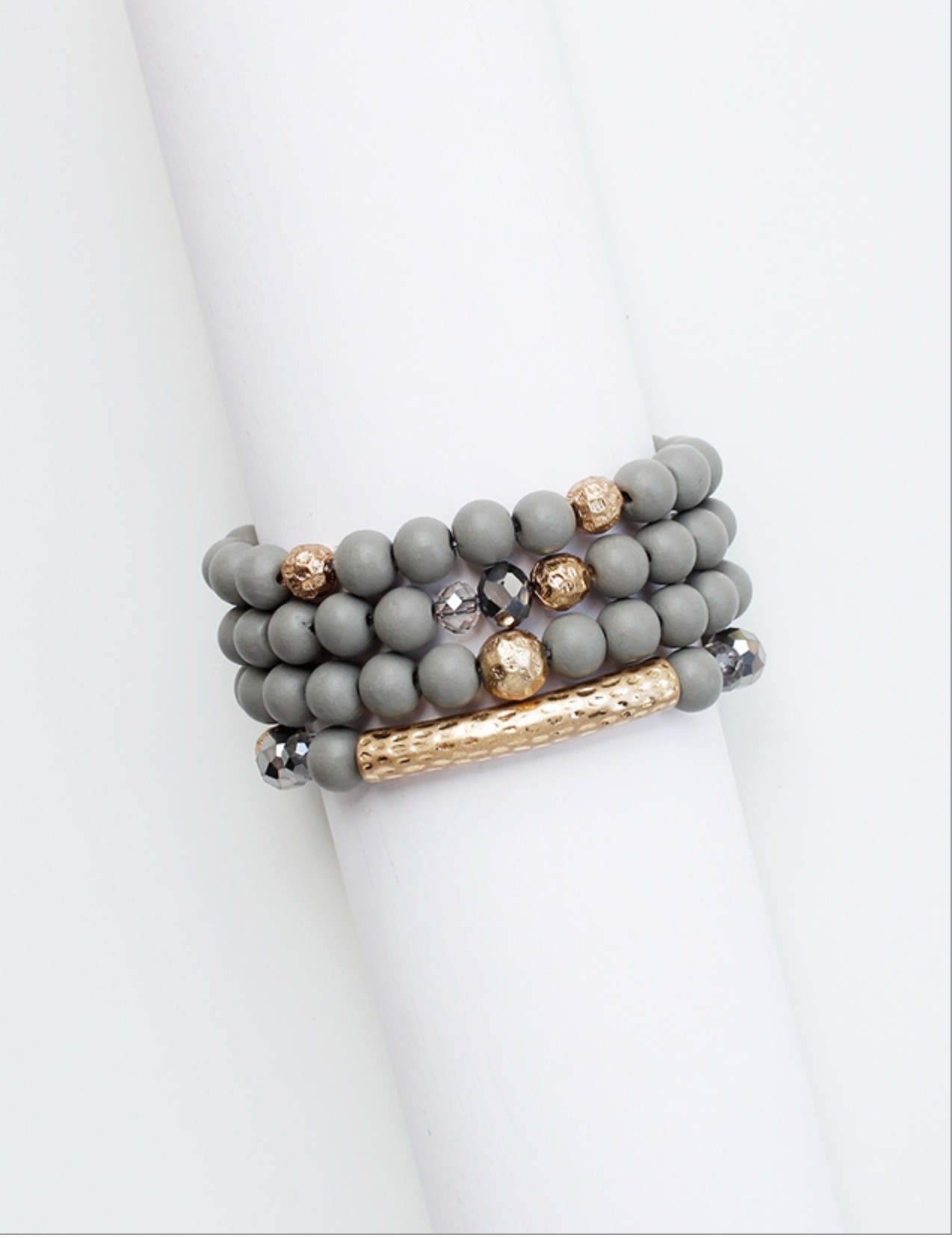 4 Grey Natural Stone & Gold Bar Stacked Bracelets