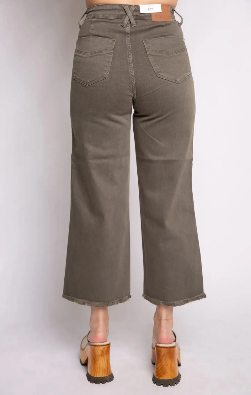 Control Top Olive Fray Hem Crop Wide Leg Denim Jeans | Judy Blue