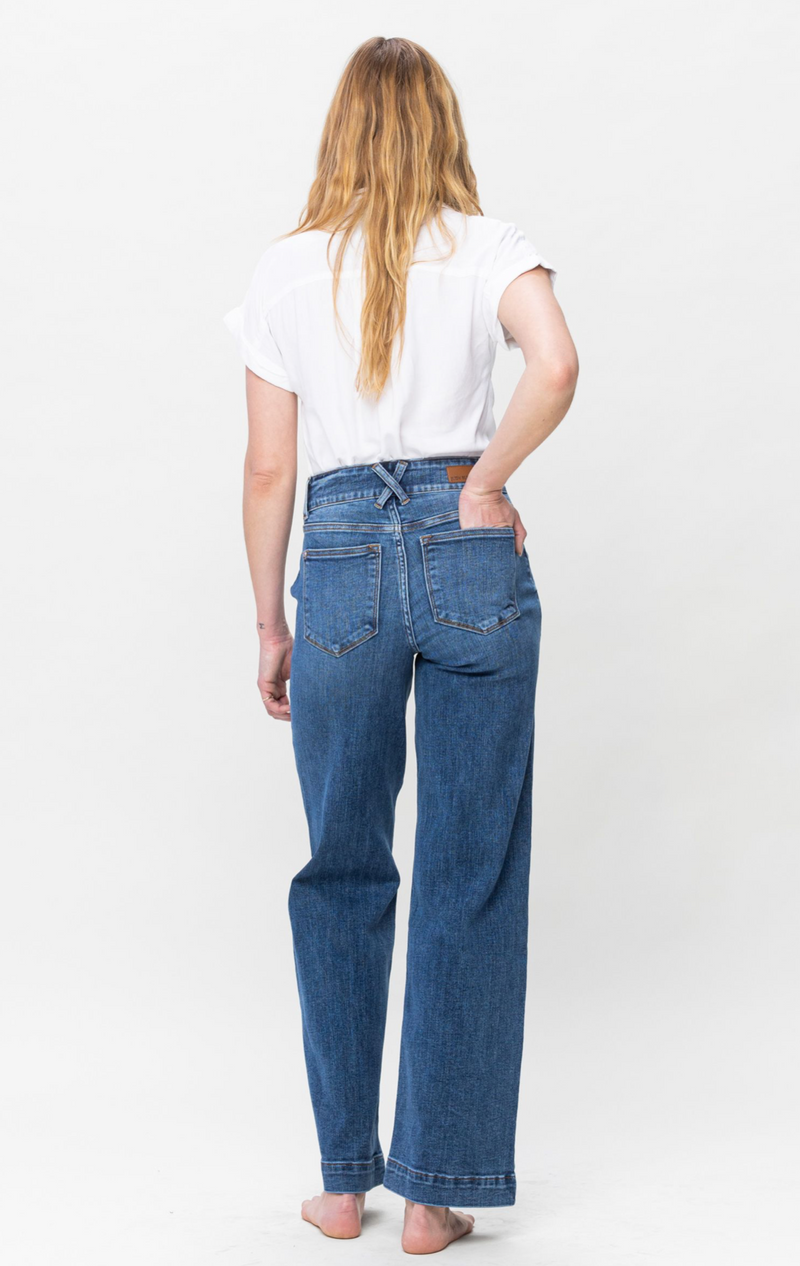 High Rise Double Button Wide Leg Denim Jeans | Judy Blue