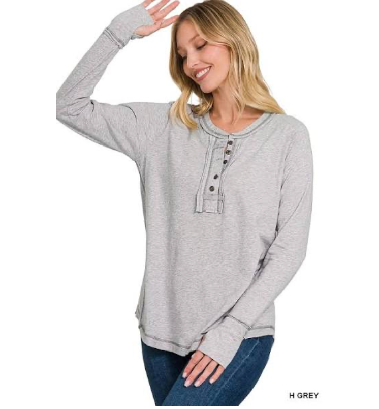 Thumb Hole Cuffs Button Closure Long Sleeve Top