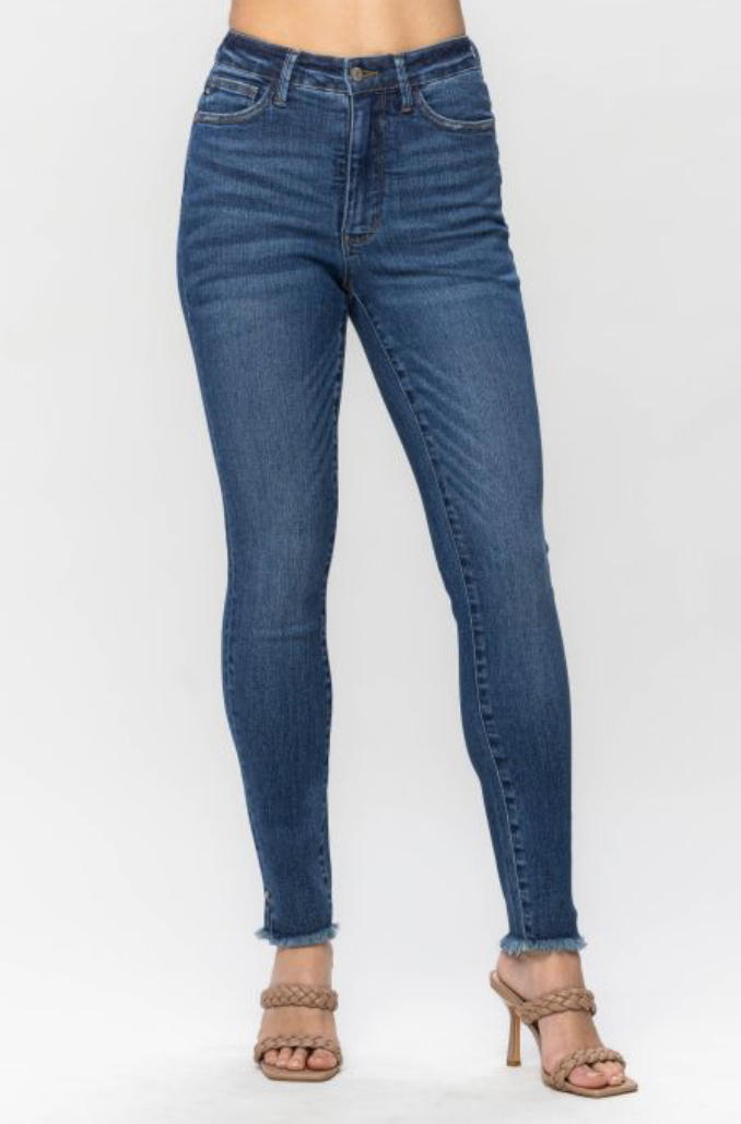 High Waist Tummy Control Side Slit & Fray Hem Skinny Denim Jean | Judy Blue