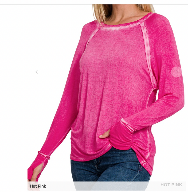 Washed Thumb Hole Long Sleeve Tops 