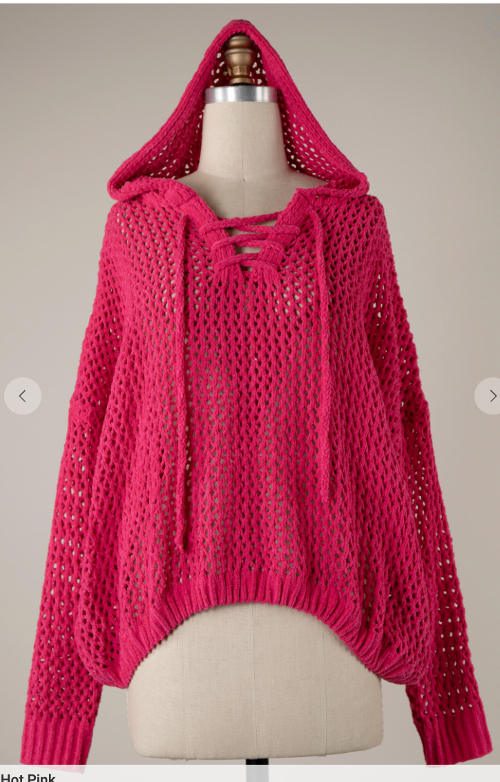 Lace Open Up Crochet Chenille Sweater Hoodie NEW
