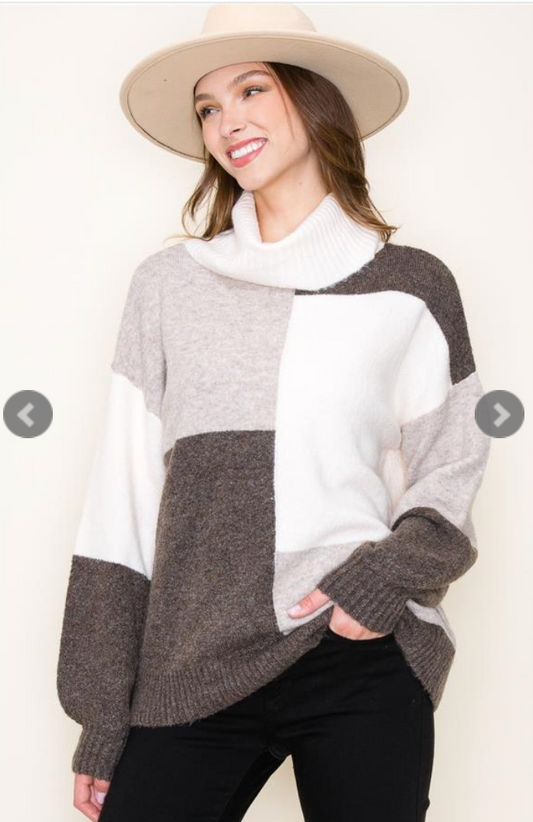 Mocha Colorblock Cowl Neck Sweater