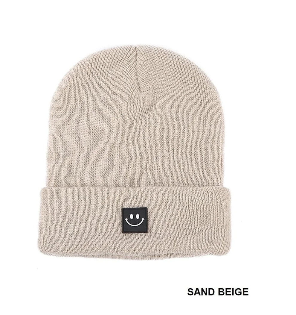 Sand Beige Smiley Face Patch Beanie ** - Final Sale