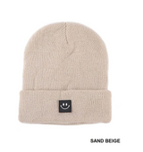 Sand Beige Smiley Face Patch Beanie