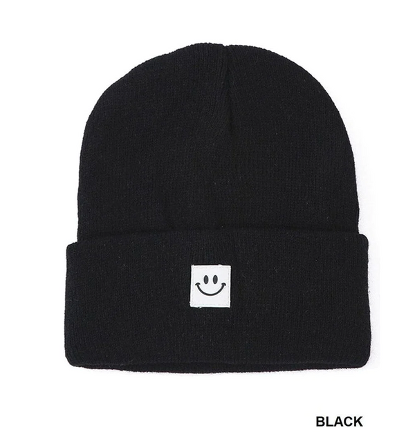 Black Smiley Face Patch Beanie