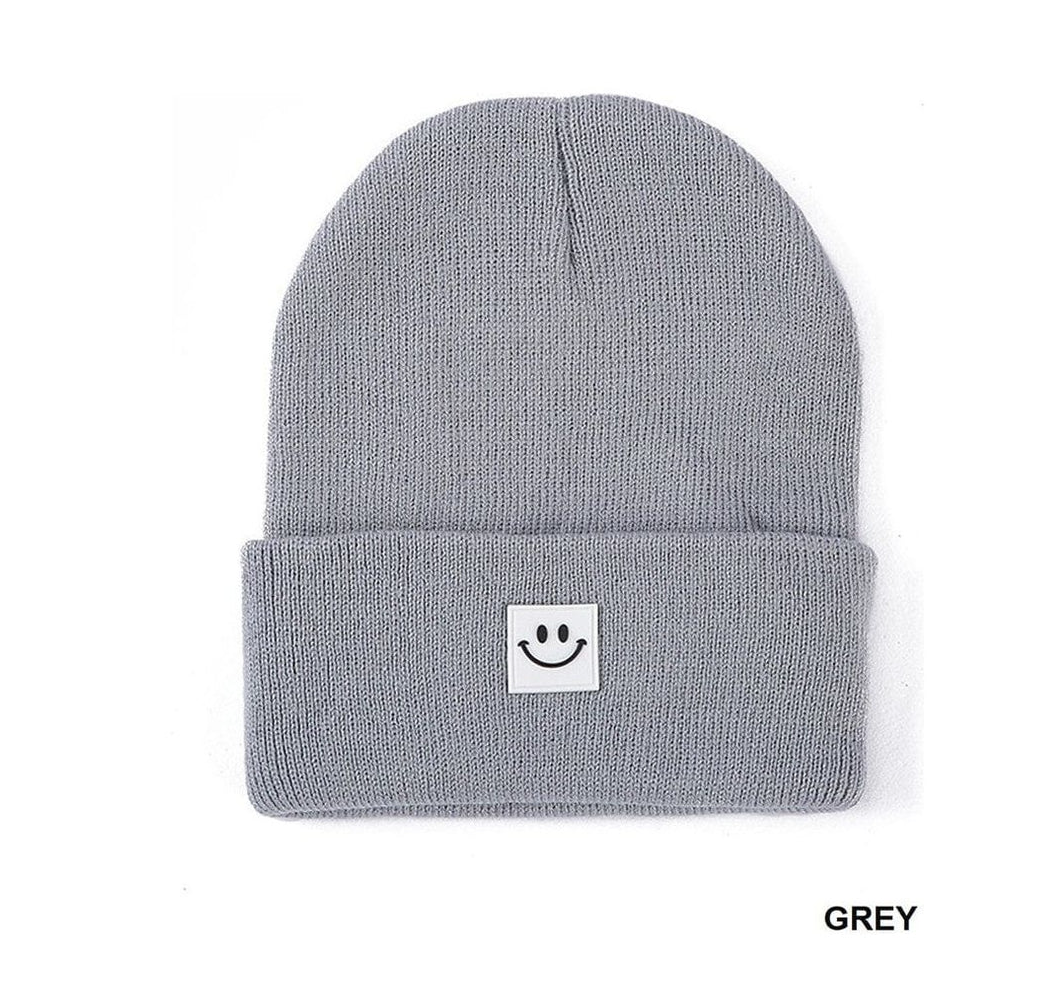 Grey Smiley Face Patch Beanie**