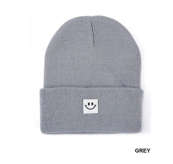 Grey Smiley Face Patch Beanie