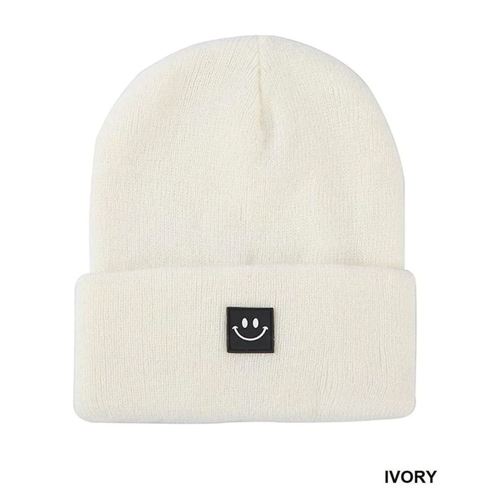 Ivory Smiley Face Patch Beanie **DEAL - COUPON EXCLUDED