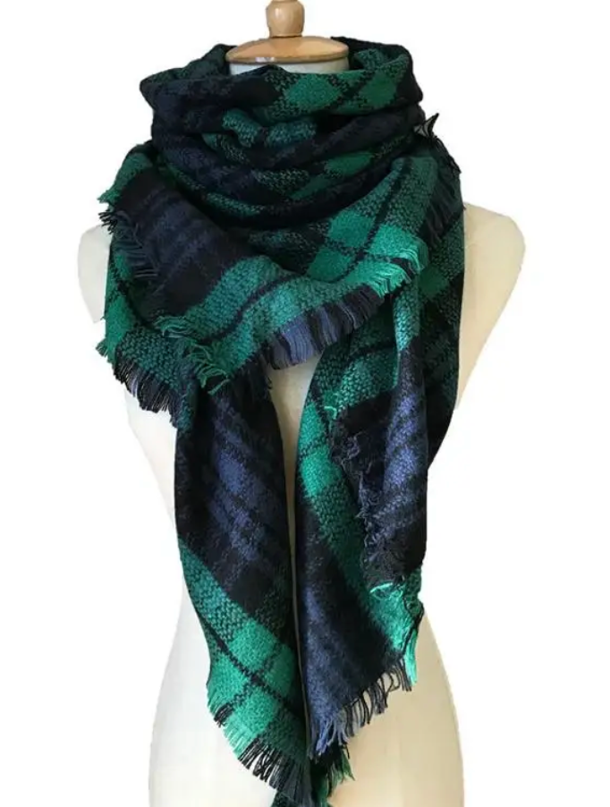 Navy/Green Tartan Plaid Triangle Blanket Scarf