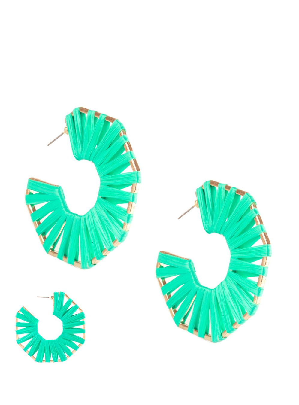 Teal Raffia Hoop Hexagon Earrings - Final Sale