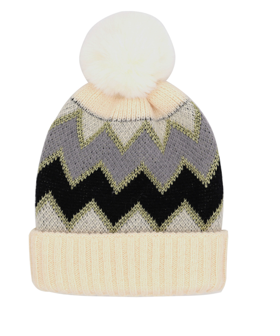 Ivory Chevron Pom Pom Fuzzy Beanie - DEAL COUPON EXCLUDED