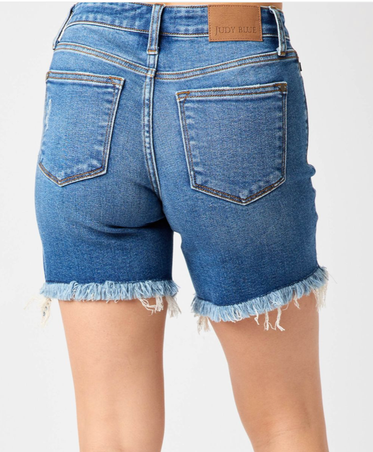 The Avery Mid Rise Destroy Fray Hem Shorts | Judy Blue