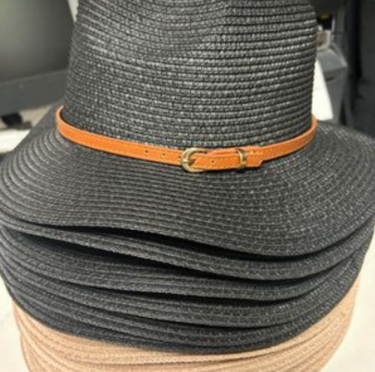 Black Beach Sunscreen Straw Hat w/ Brown Belt