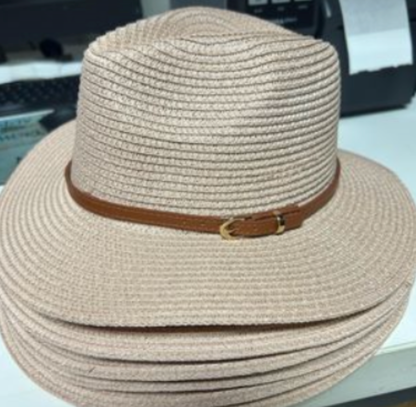 Pink Sunscreen Straw Hat with Brown Belt