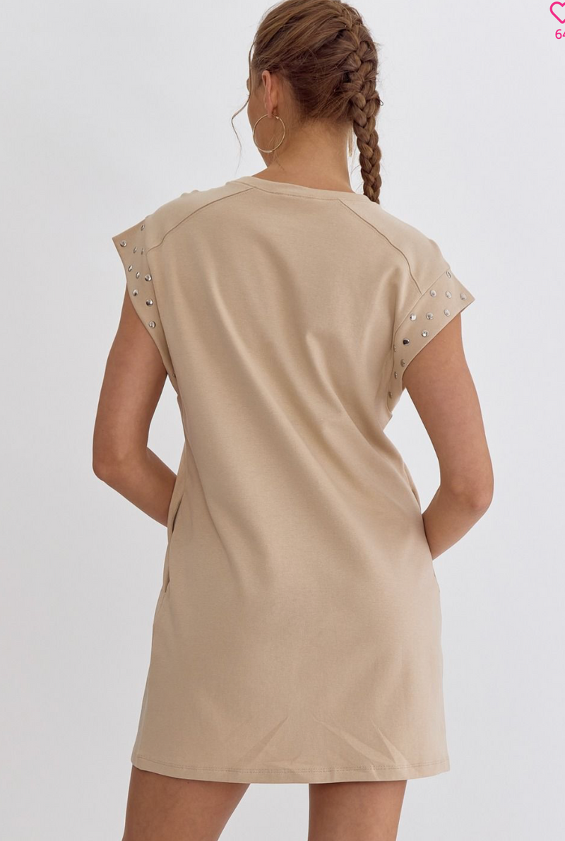 Studded Short Sleeve Solid Dress