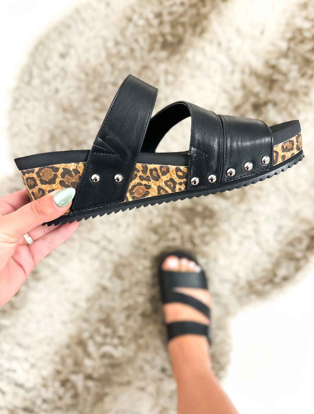 Corky's Black Smooth Leopard Voyage Sandals - Final Sale