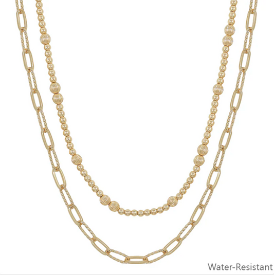 Water Resistant Double Layered Gold Beaded and Chain 16"-18" Necklace