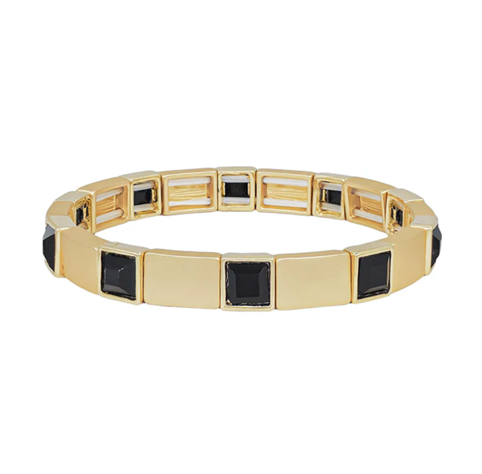 Gold Ribbed Bracelet with Black Square Accent