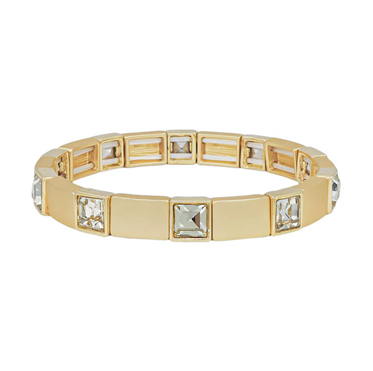 Gold Ribbed Bracelet with Clear Square Accent