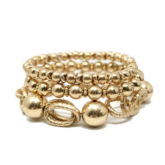 Worn Gold Linked Chain and Beaded Set of 3 Stretch Bracelets