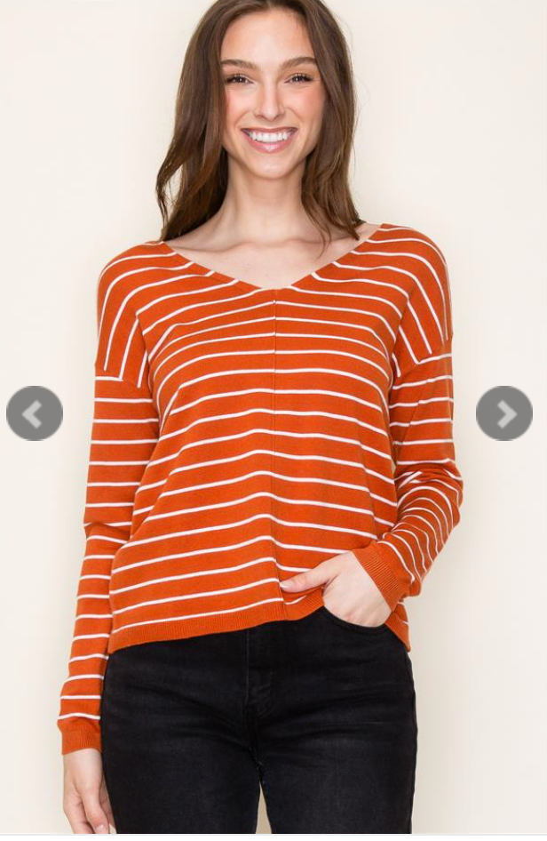 Pumpkin Striped V-Neck Sweater