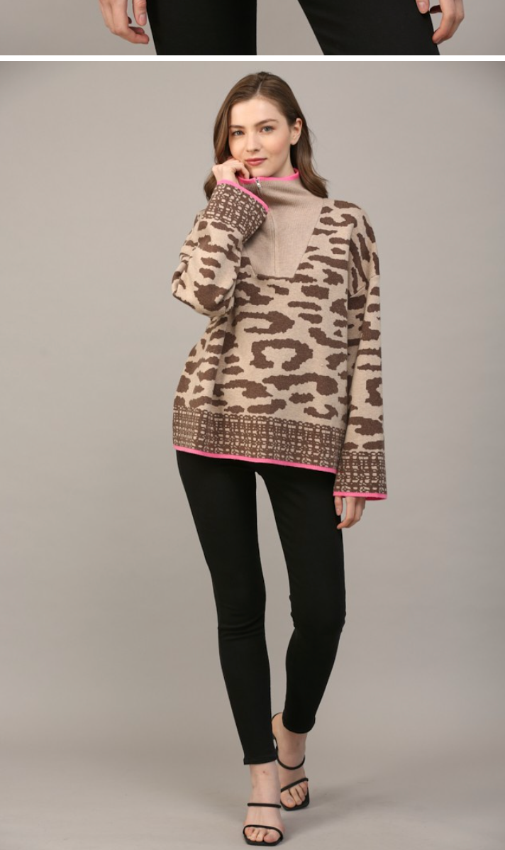 Half Zip Wool Blend Leopard Sweater