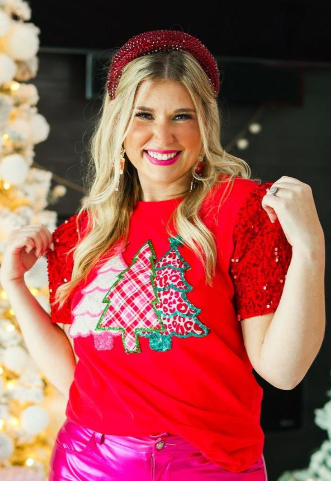 Festive Forest on Red T-Shirt with Sequin Velvet Sleeves *30A OCTOBER LIVE PREORDER