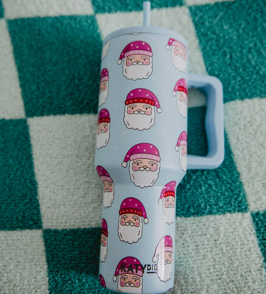 Pink Santa Hats Blue Stainless Steel Tumbler | KATYDID