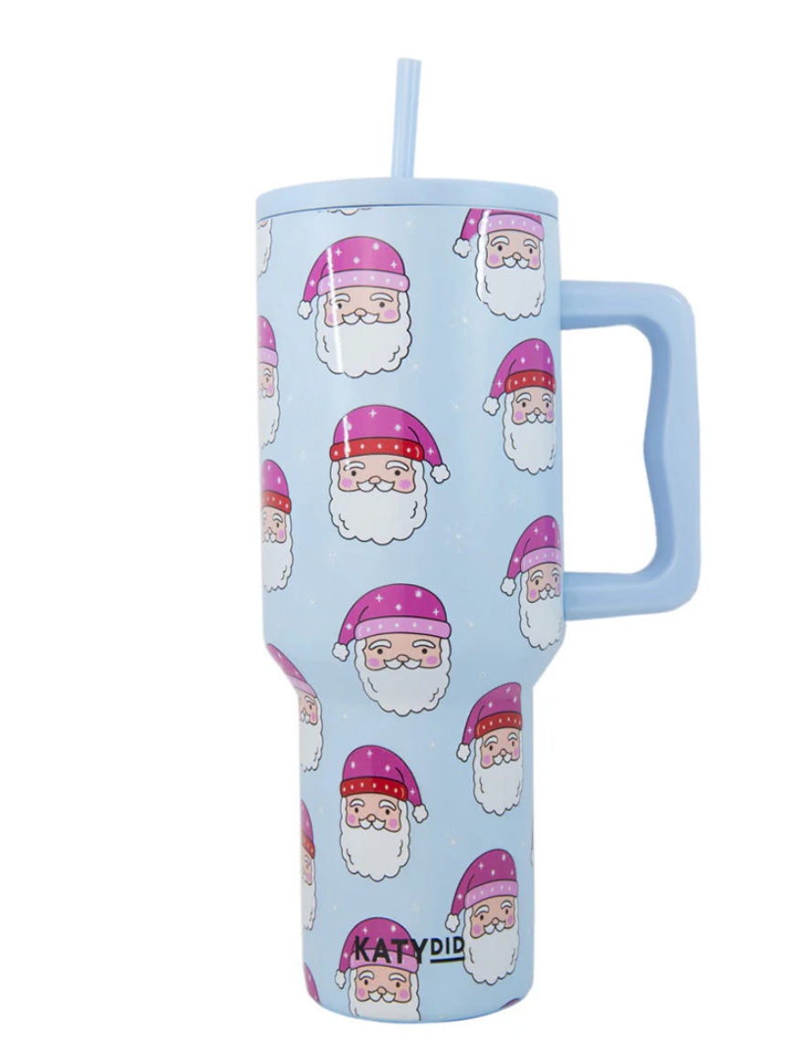 Pink Santa Hats Blue Stainless Steel Tumbler | KATYDID