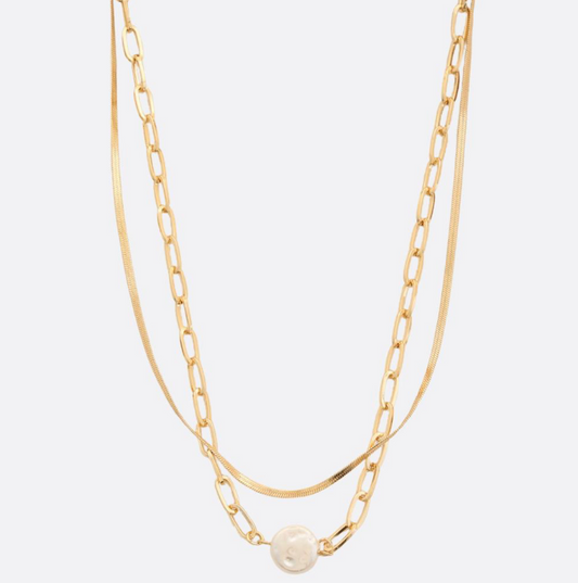 Round Pearl Oval Link Layered Gold Necklace