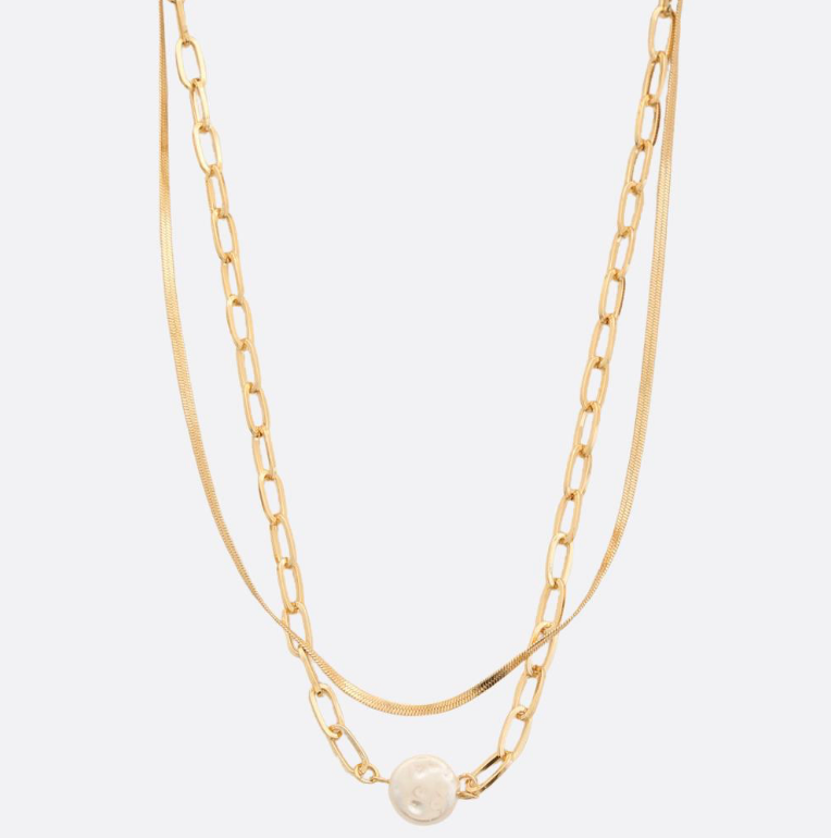 Round Pearl Oval Link Layered Gold Necklace