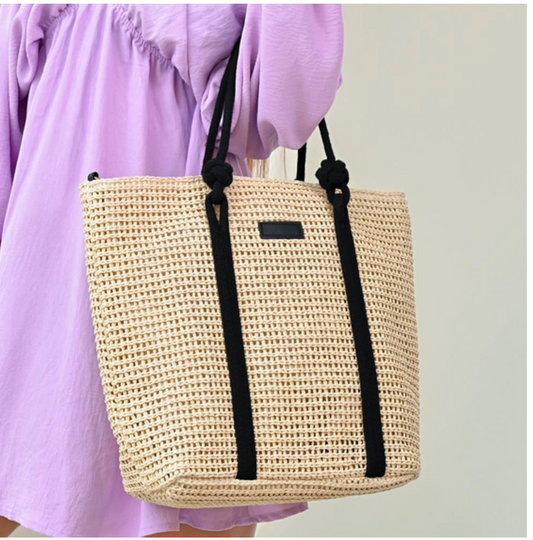 Vacay Straw Tote Bag w/ Black Crossbody Strap