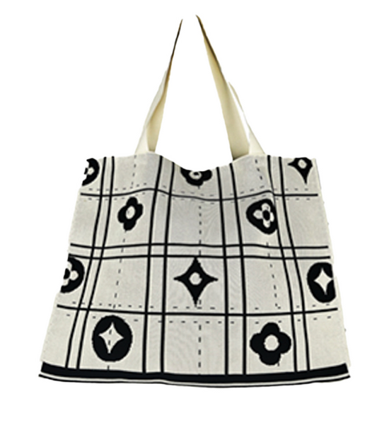 White Knit Floral Grid Large Tote Bag