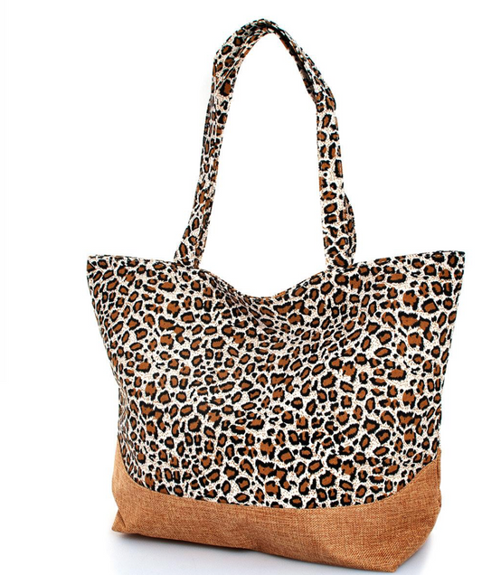 Leopard Two-Toned Natural Woven Tote