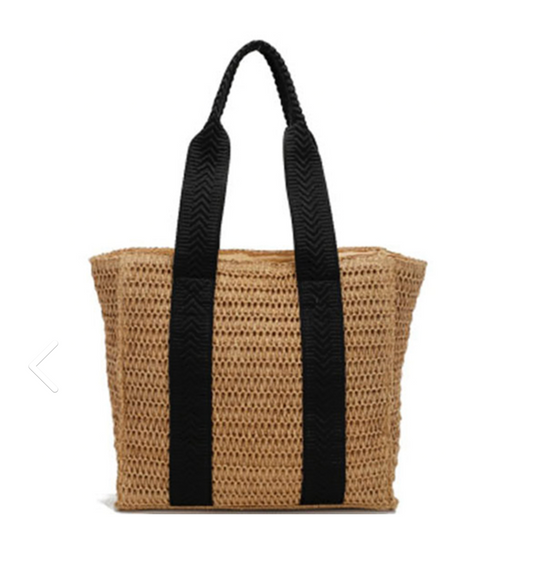 Modern Straw Bag with Black Straps