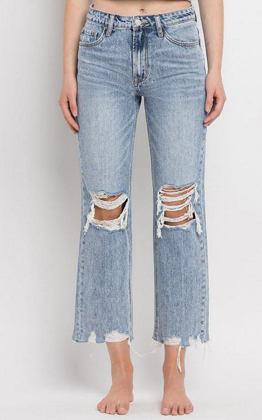 90s Vintage Crop Straight Distressed Denim Jean | VERVET