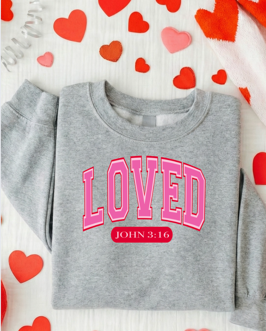 LOVED John 3:16 Ash Crewneck Graphic Sweatshirt *