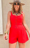 Solid red knit romper featuring a scoop neck and easy, relaxed fit for everyday wear.