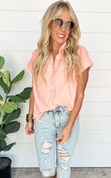 Sweet as Peaches Button Up Short Sleeve Top