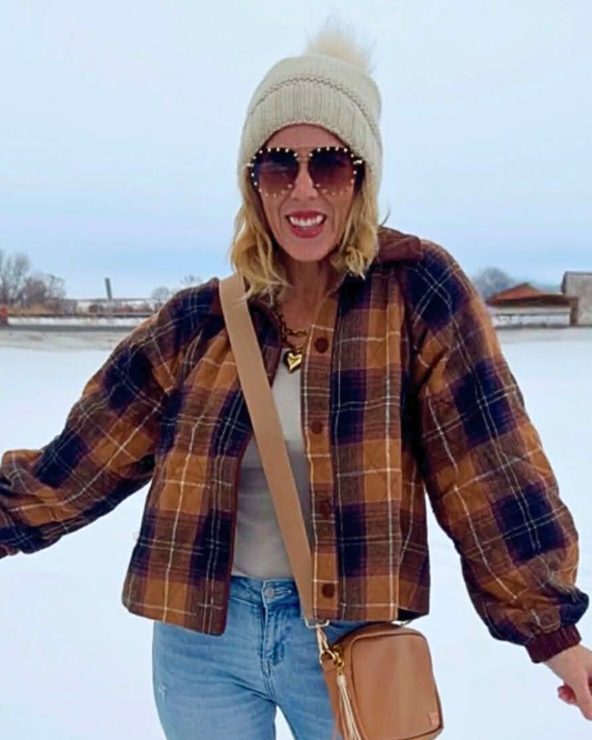 Plaid Quilted Jacket With Contrast Corduroy Detail