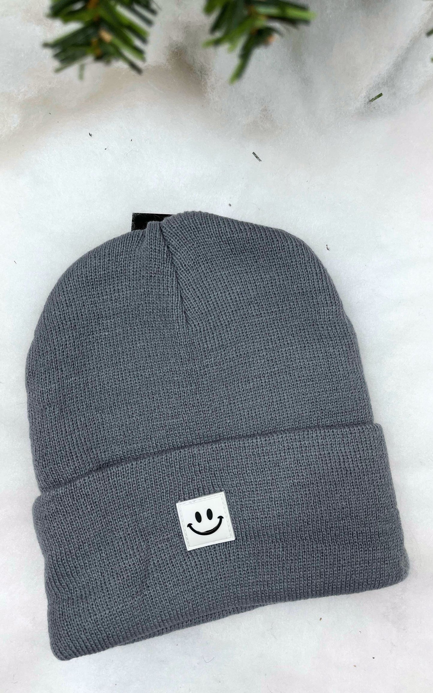 Grey Smiley Face Patch Beanie*