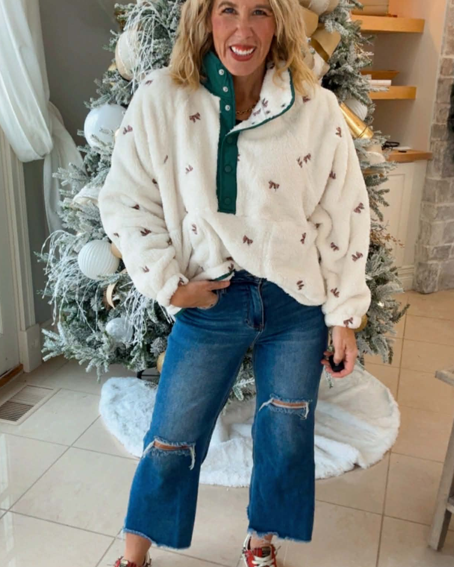 Mini Bow Embroidered Fleece Pullover Jacket